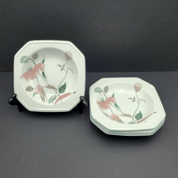 Mikasa Silk Flowers Rim Soup Bowls Pink Flowers on White Octagonal Bowls - Picture 2 of 5